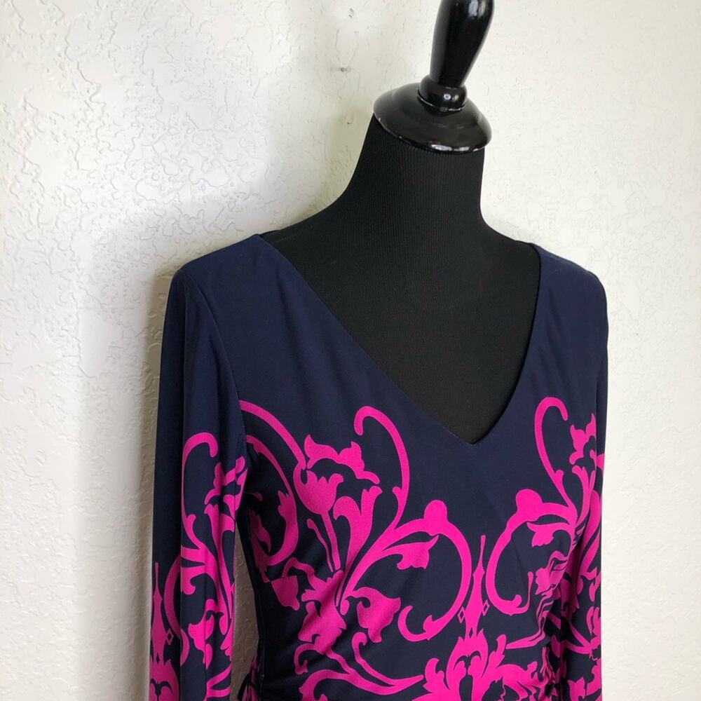 David Meister navy blue pink floral scroll v neck midi dress size 8 - Picture 2 of 16